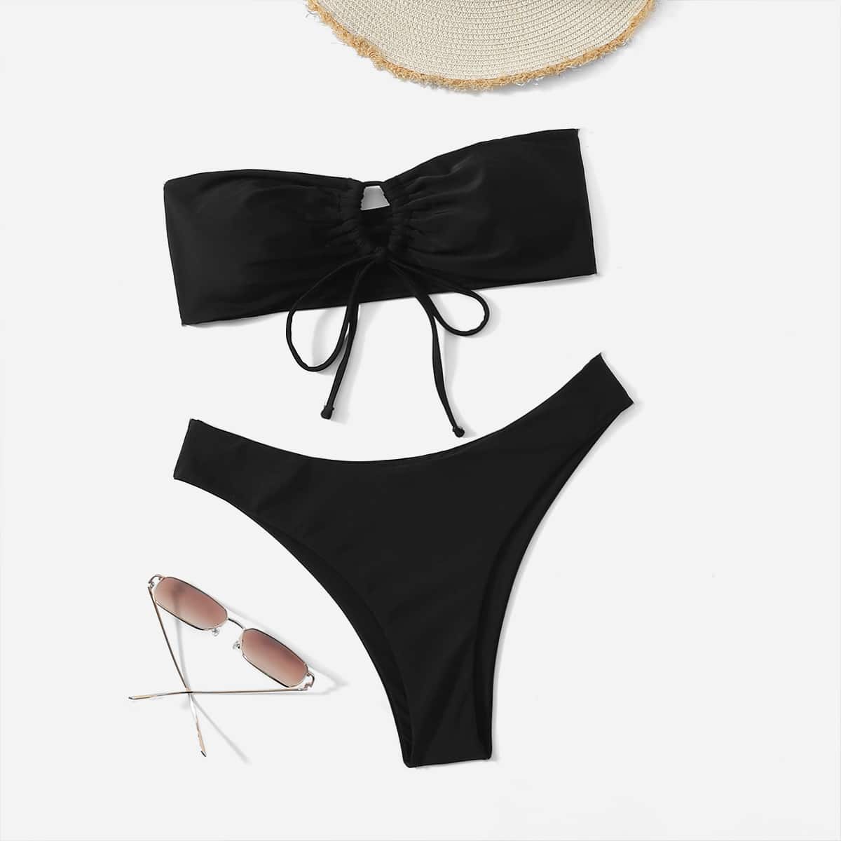 

Solid Bandeau Bikini Swimsuit, Black