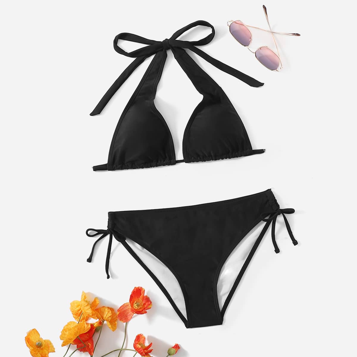 

Solid Halter Bikini Swimsuit, Black