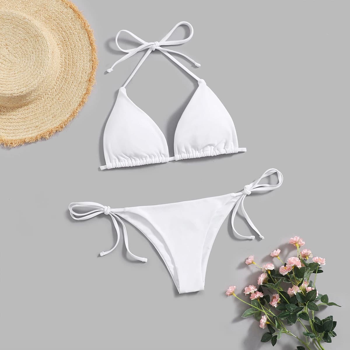 

Solid Tie Side Bikini Swimsuit, White