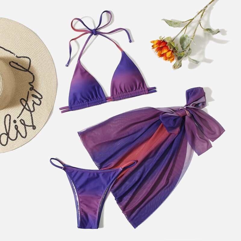 

3pack Ombre Bikini Swimsuit With Beach Skirt, Multicolor