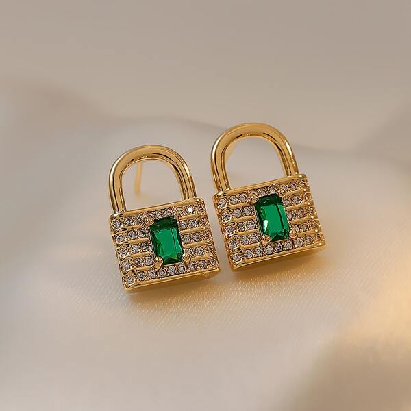 

Rhinestone Lock Stud Earrings, Gold
