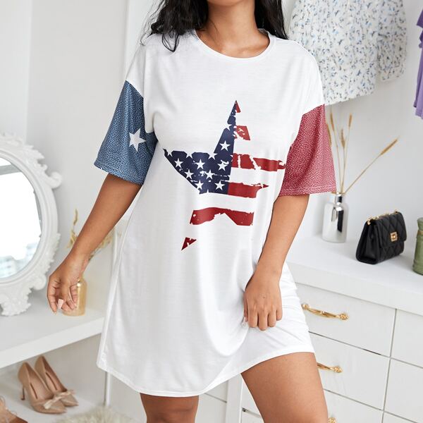 

Plus Flag & Star Drop Shoulder Night Dress, White