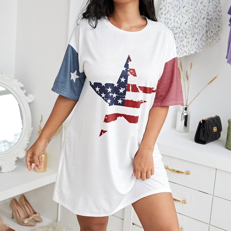 

Plus Flag & Star Drop Shoulder Night Dress, White