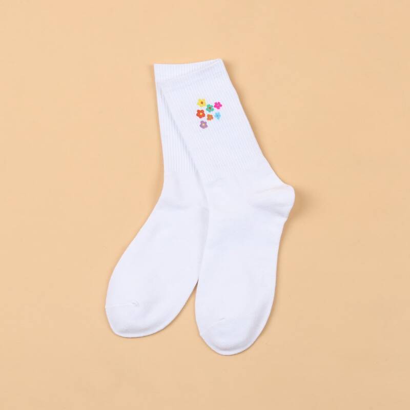 

Flower Print Crew Socks, White