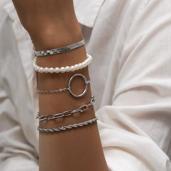 

5pcs Faux Pearl Decor Bracelet, Silver