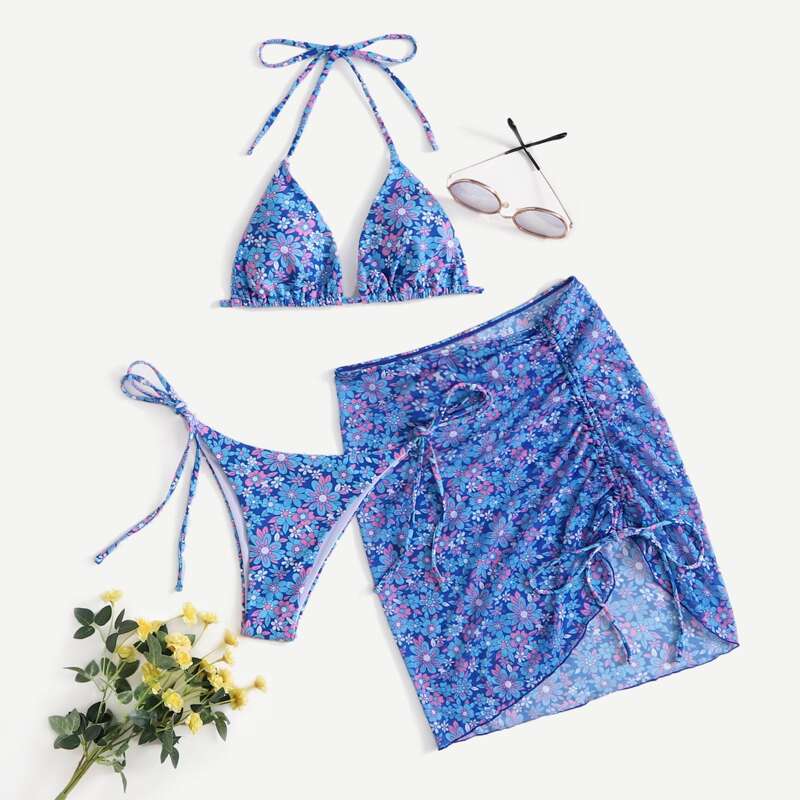

3pack Ditsy Floral Bikini Swimsuit With Beach Skirt, Blue