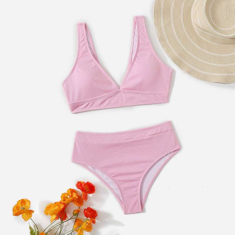 

Solid Rib Bikini Swimsuit, Pink
