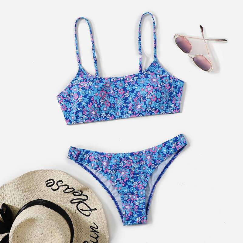 

Floral Pattern Bikini Swimsuit, Blue