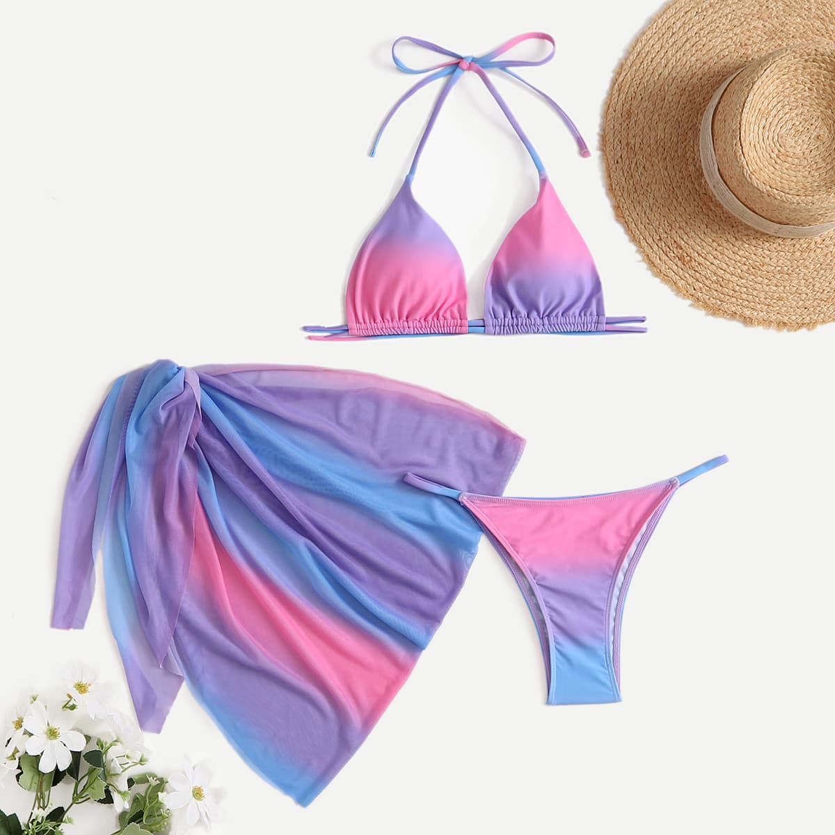 

3pack Ombre Bikini Swimsuit With Beach Skirt, Multicolor
