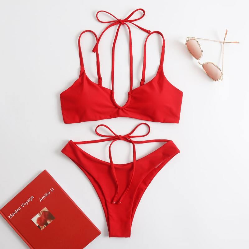 

Solid V Wired Bikini Swimsuit, Red