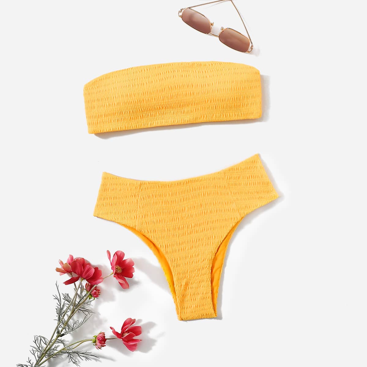 

Solid Smocked Bikini Swimsuit, Yellow