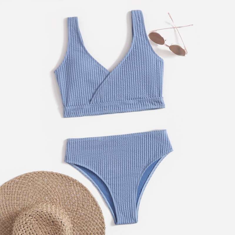 

Solid Wrap Bikini Swimsuit, Blue