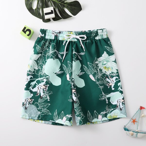 

Boys Floral Print Swim Trunks, Green