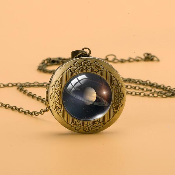

Saturn Print Open Locket Pendant Necklace, Multicolor