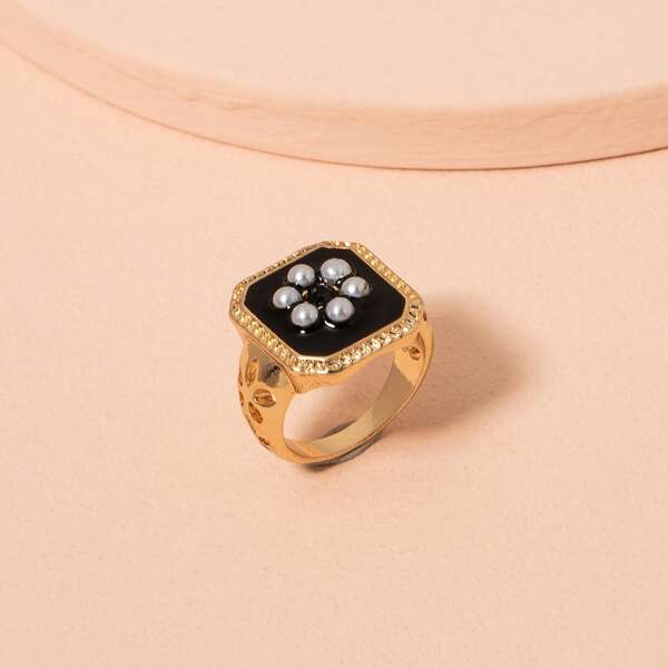 

Faux Pearl Decor Geometric Ring, Gold