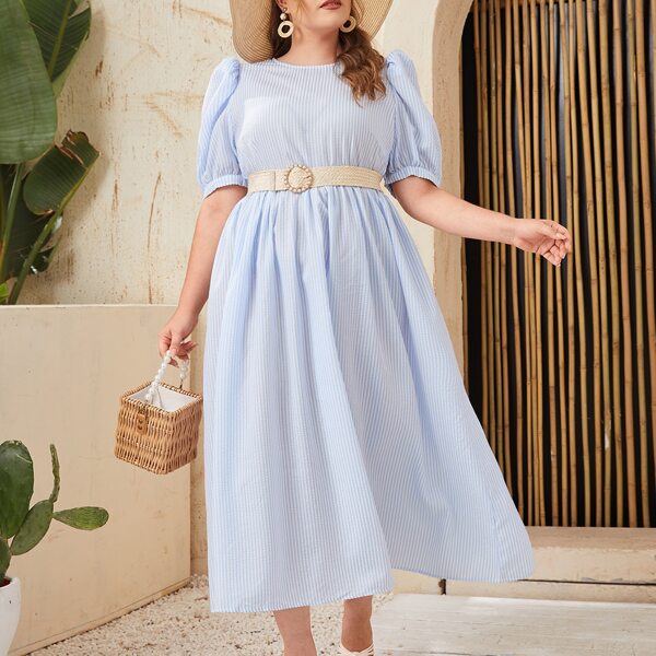 

Plus Puff Sleeve Zip Back Striped Dress Without Belt, Blue and white
