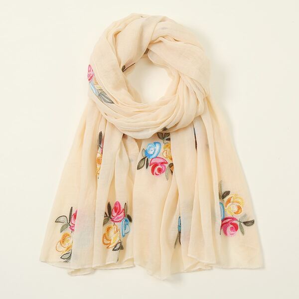 

Flower Embroidered Scarf, Beige