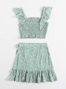 SHEIN Fille adolescente Top court fleuri à volants froncé & Jupe croisé à nœud