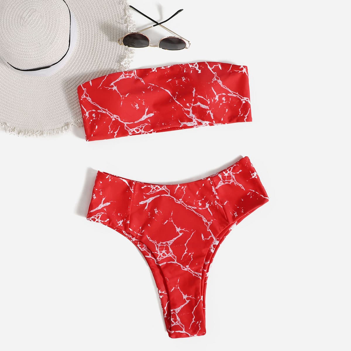 

Marble Pattern Bikini Swimsuit, Red