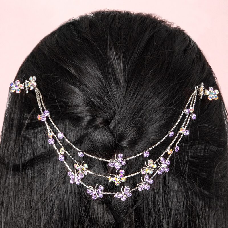 

Rhinestone Butterfly Decor Hair Claw With Layered Chain, Purple