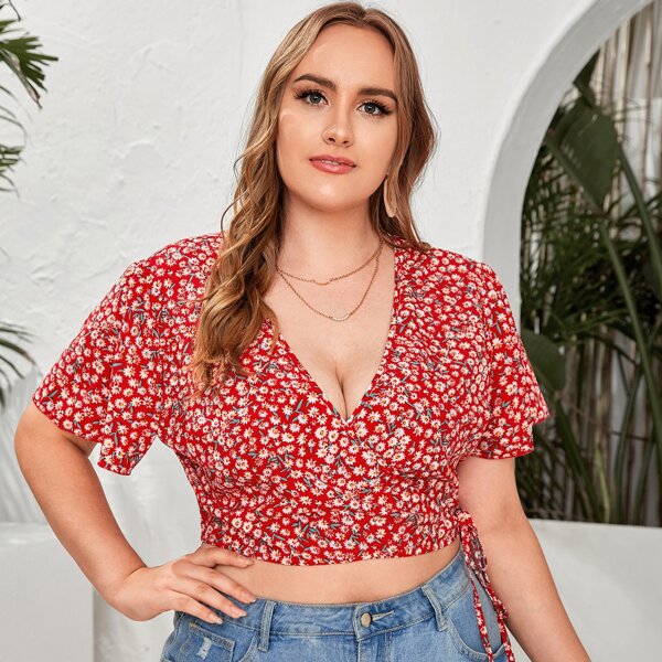 

Plus Ditsy Floral Wrap Tie Side Blouse, Multicolor