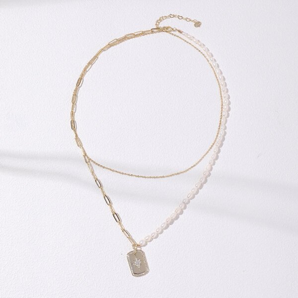 

Pearl Beaded Layered Necklace, Gold