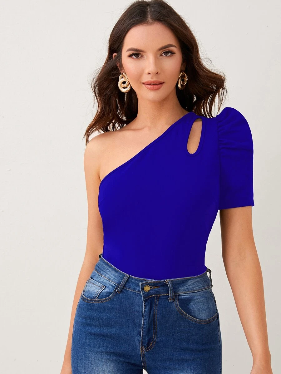 SHEIN Privé One Shoulder Cut-out Puff Sleeve Tee - Royal Blue - View 1