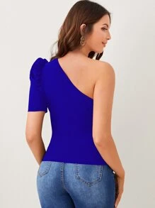 SHEIN Privé One Shoulder Cut-out Puff Sleeve Tee - Royal Blue - View 2