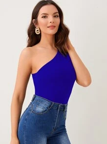 SHEIN Privé One Shoulder Cut-out Puff Sleeve Tee - Royal Blue - View 4