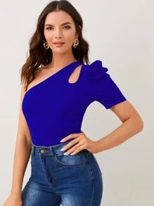 SHEIN Privé One Shoulder Cut-out Puff Sleeve Tee - Royal Blue - View 5