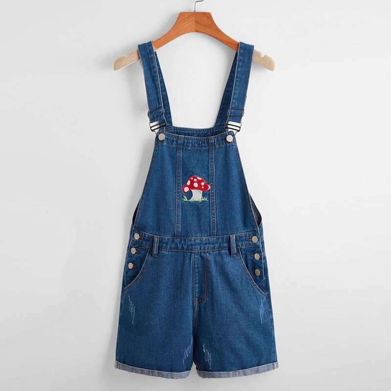 

Mushroom Embroidery Denim Jumpsuit, Medium wash