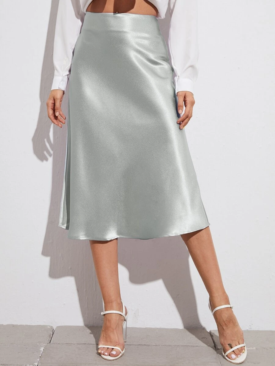 SHEIN BAE Zipper Side Solid Satin Skirt - Silver - View 1
