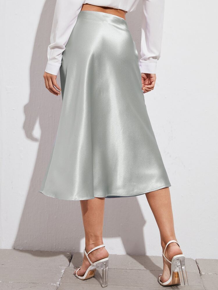 SHEIN BAE Zipper Side Solid Satin Skirt - Silver - View 2