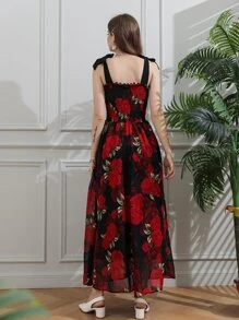 Modelyn 滿身花卉打褶緊身上衣結飾吊帶洋裝 - 彩色 - 查看 2