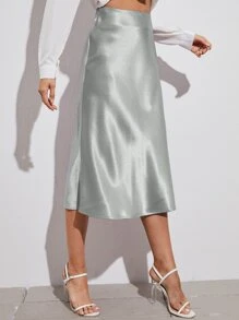 SHEIN BAE Zipper Side Solid Satin Skirt - Silver - View 3