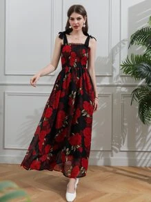 Modelyn 滿身花卉打褶緊身上衣結飾吊帶洋裝 - 彩色 - 查看 3