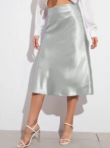 SHEIN BAE Zipper Side Solid Satin Skirt - Silver - View 4