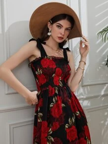 Modelyn 滿身花卉打褶緊身上衣結飾吊帶洋裝 - 彩色 - 查看 6