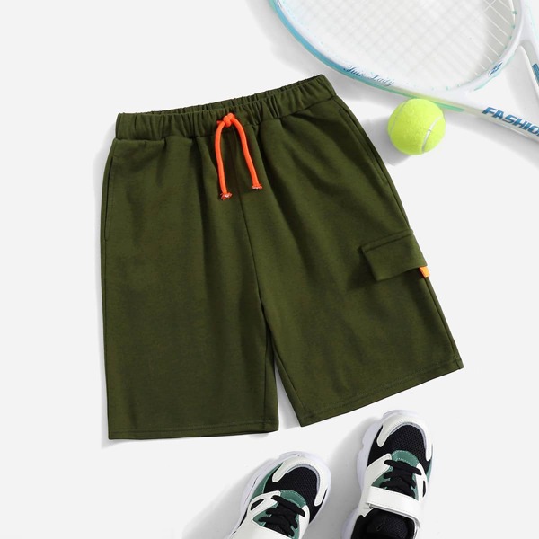 

Boys Drawstring Waist Flap Detail Shorts, Army green