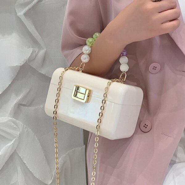 

Metal Lock Beaded Decor Chain Satchel Bag, White