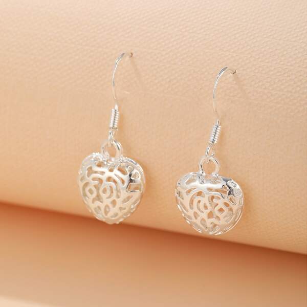 

Hollow Heart Drop Earrings, Silver