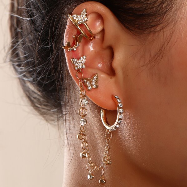 

4pcs Rhinestone Butterfly Decor Earring, Gold