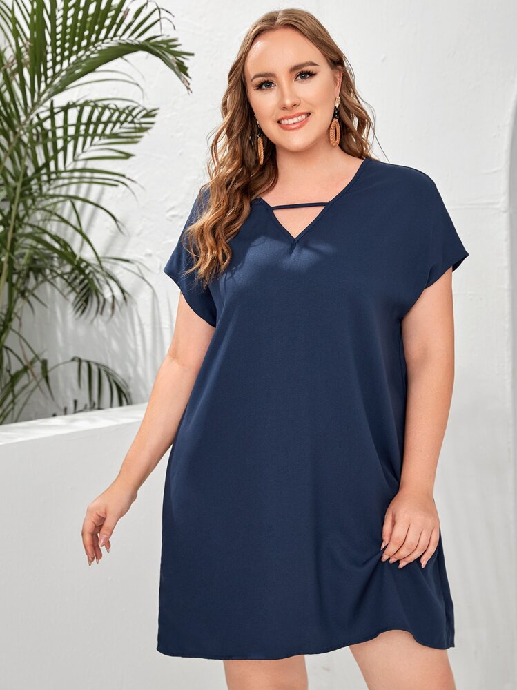 SHEIN LUNE Plus Cutout V-neck Solid Dress - Navy Blue - View 1