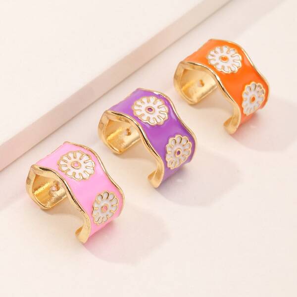

3pcs Girls Flower Design Cuff Ring, Multicolor