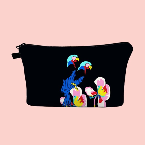 

Parrot Print Makeup Bag, Black