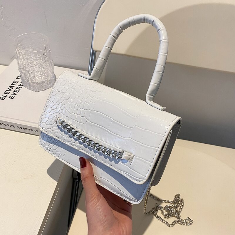 

Chain Decor Croc Embossed Satchel Bag, White