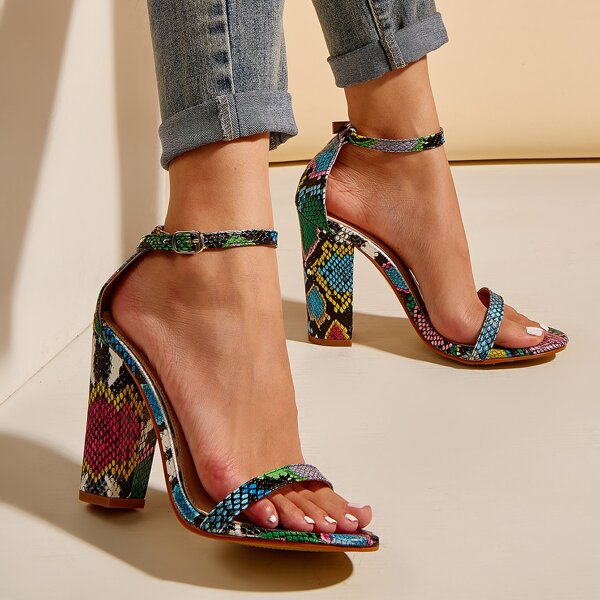 

Snakeskin Print Ankle Strap Chunky Sandals, Multicolor