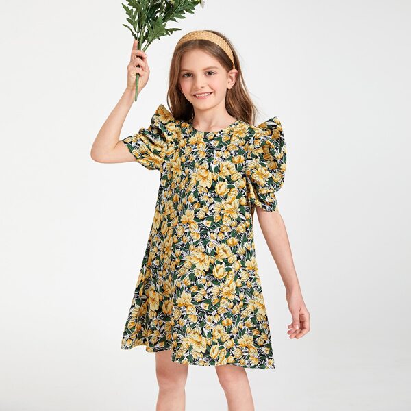 

Girls Puff Sleeve Floral Print Dress, Multicolor