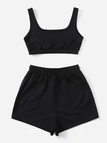 SHEIN EZwear 純色短款背心上衣和運動短褲套組 - 黑色 - 查看 2