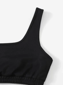 SHEIN EZwear 純色短款背心上衣和運動短褲套組 - 黑色 - 查看 3